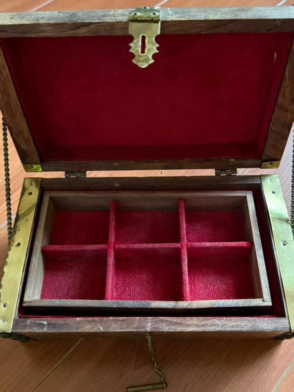 Vintage Wooden Jewelry Box Chest Gold Latch Red Lining